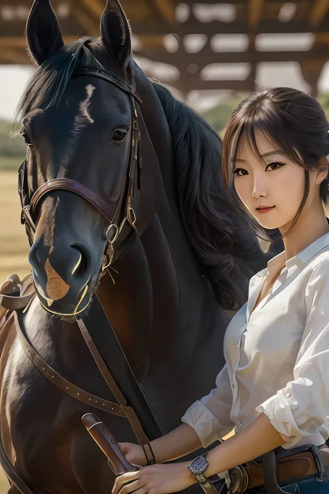 Nsfw, masterpiece, high resolution, face detailed, Japanese beautiful lady, riding horse , at ranch, outdoors, big pure black horse. Wear white transparent shirt, no bra. Look through breast, No closeup,grasp a cowboy pistol,