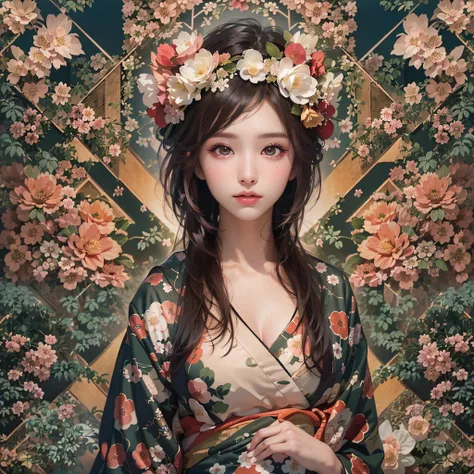 (Background, symmetrical, Compositions with coloful geometric arabesque patterns):1.3, (fullbody:1.3), (medium hair, dark brown hair), (top-quality, Photorealsitic:1.4, masterpiece:1.3, RAW Photography:1.2, cinematric light, very detailed illustration), (...
