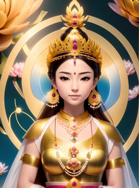 In Elysium,Beautiful 16-year-old princess sitting on a large lotus flower,Wearing a delicate gold crown,Full face,Rounded jaw,A very blessed face,Lotus in hand,Barefoot on both feet,The corners of the mouth are slightly upturned,Look at the camera with a g...