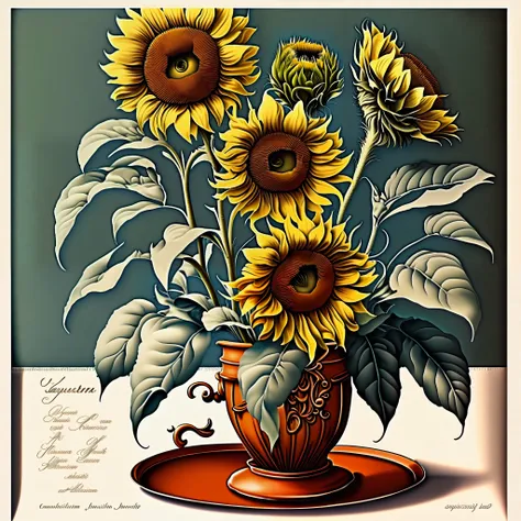 sunflower illustration、background with antique furniture and fabric、style of pierre-joseph redoute、300 dpi、ultra-high image qual...