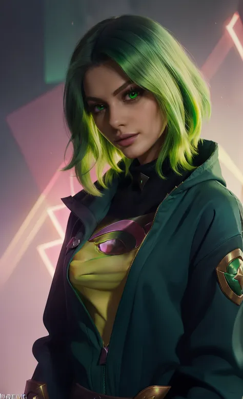 psychedelic style, персонаж игры league of legends, zeri, metaverse, detail, (green hair),