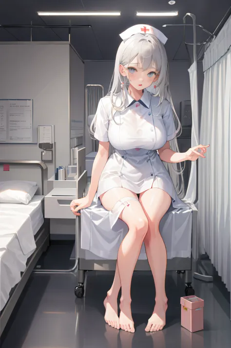 infirmary, curtains, 1girl, nurse, white dress, open dress, masterpiece, best quality, highly detailed