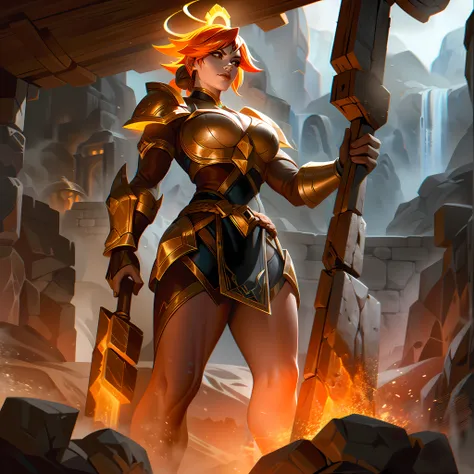 in the fiery depths of an ancient forge, the molten core astrid stands tall and resolute. clad in armor forged from blazing lava...