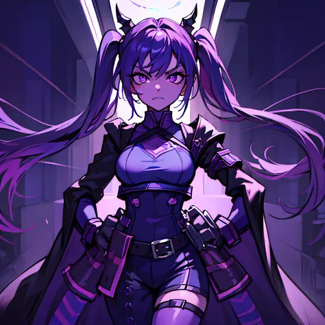 ((masterpiece, best quality)), Purple Skin, purple eyes, glowing eyes, blue skin, purple skin color, colored skin, [furious:sad:0.8], serious, extremely detailed, cute, intricate, arms behind back, Ink painting standing