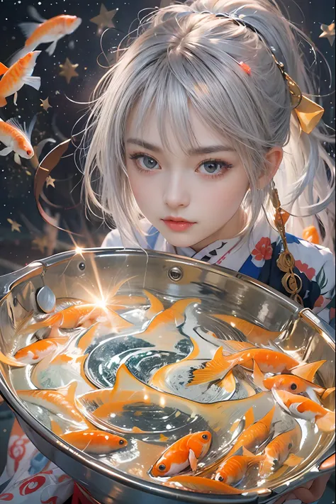 beautiful girl is scooping goldfish,japanese bon dance、open air at night shop, silver hair, split ponytail, star-shaped pupils, ...