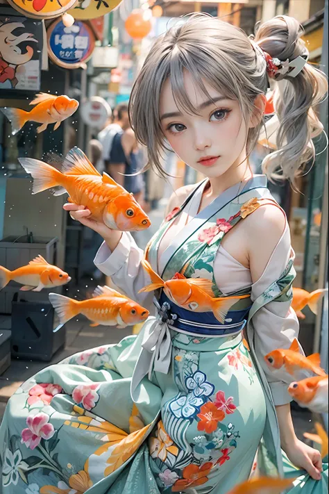 beautiful girl is scooping goldfish,japanese bon dance、open air at night shop, silver hair, split ponytail, star-shaped pupils, ...