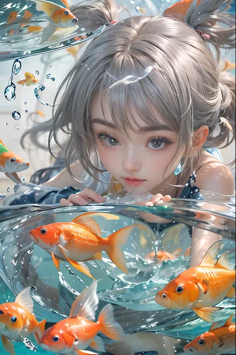 beautiful girl playing with bowls of water or fish, kids, having a good time, fish, swirling schools of silver fish, floating go...