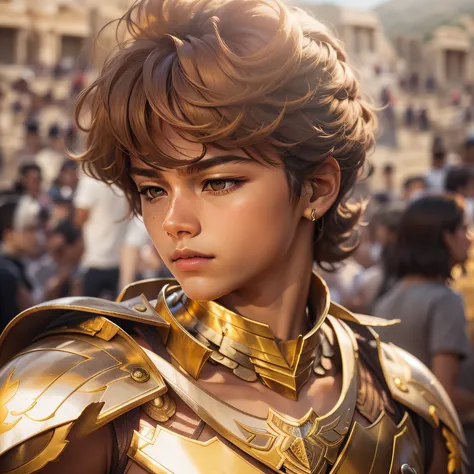 a young warrior，preparing to fight，acropolis，the sun shines，gold armor，the temperament is elegant，tmasterpiece，facing the audien...