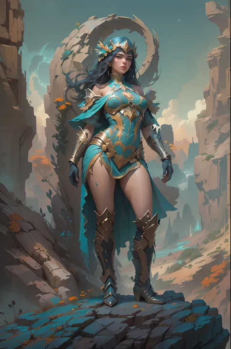 Portrait of a girl standing on a marvelous stone, standing gitl:1.2, (Low contrast ), colorfantasystyle, Oil painting on matte canvas, sharp detailed, the expanse scifi spacescape ceres colony, Intricate, Highly detailed, Digital painting, plethora of colo...