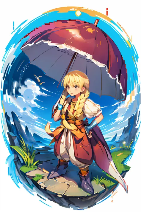 (pixel, pixel art), fantasy rpg, 1girl, holding umbrella in the rain, (watercolor), (pastel shades), final fantasy tactics, chro...