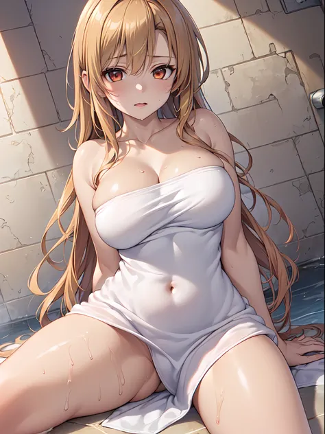 Official art、(Highly detailed CG Unity 8K:1.3)、Perfect litthing、colourfull、Bright Front face Illuminating、(Skindentation),
(Master Pieces:1.5), (best_quality:1.0), Super Hi-Vision, super detailing,upper view,(Bath towel:1.2),Sweat,Seductive smile,
Photo Sh...