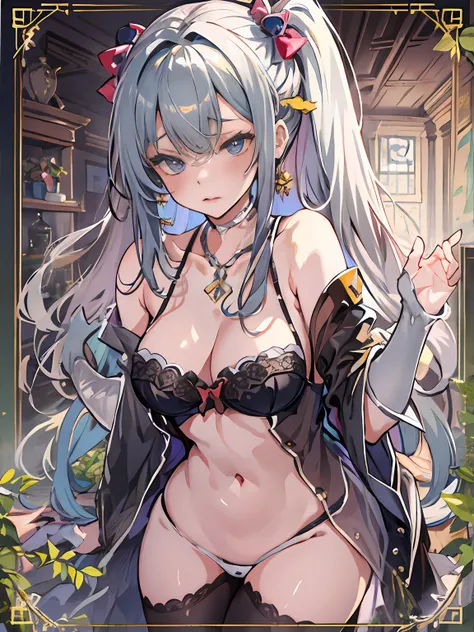(masterpiece、top-quality)、(女の子1人)、(独奏)、(female focus)、(Ahoge、A dark-haired、semi long hair)、masterpiece、top-quality、hight resolution、独奏、Colossal tits、in a house、Misaligned bra、T back、(Reaching: 1.2)、sprawl、From above、Outstretched arms、irate、a bed、Disheve...