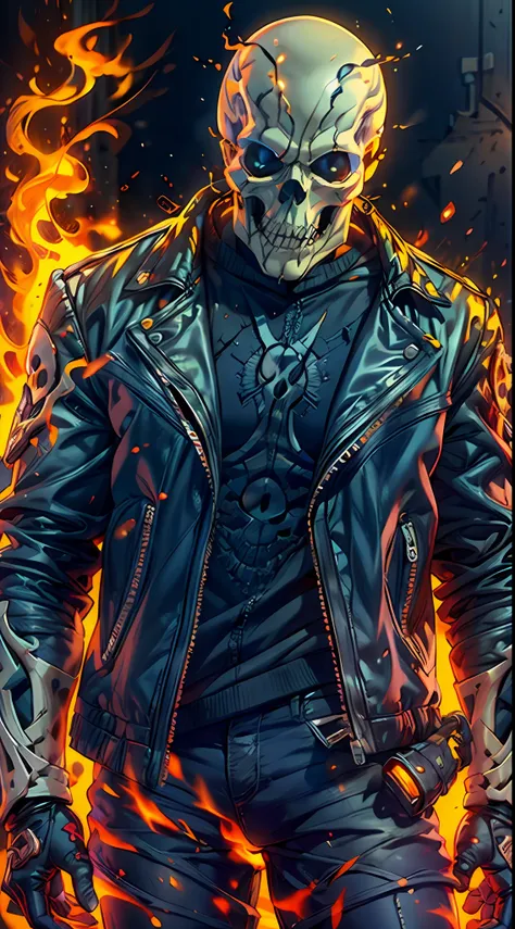(RAW Photo, Best Quality), (Realistic, Photorealistic Photo: 1.3), Best Quality, Highly Detailed, Masterpiece, Ultra Detailed, Illustration, ghost rider, burning skull, black jacket, black jeans, black shoes, epic background, standing like ghost rider, upp...