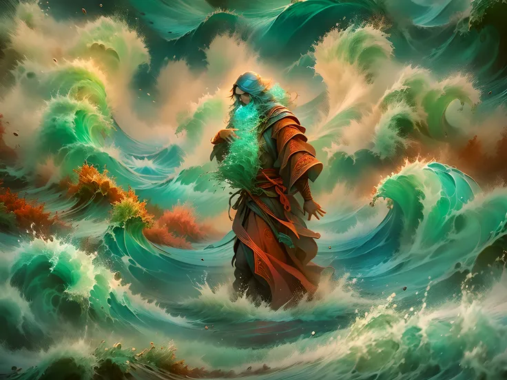 moses parting the waters of the red sea surreal abstract waves variations of the waves front view stormy weather vivid colors an...