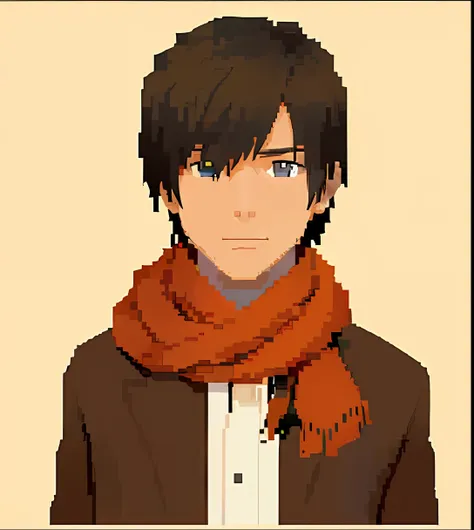 pixel art of man wearing scarf and brown jacket, #pixelart:3, lofi portrait, flat anime style, flat anime style shading, # pixel...