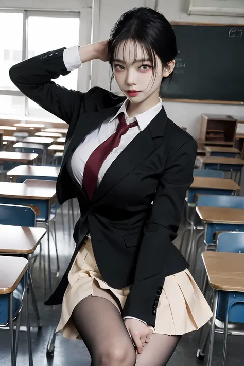 8k raw photo, high resolution, 21 year old cool korean, big round breasts, school uniform, tie, tie ribbon, blazer, skirt, beaut...