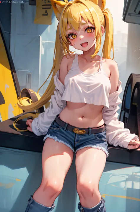 Volume Lighting、Best Shadows、Shallow depth of field、Portrait of an amazingly beautiful girl、Delicate beautiful attractive face with petite and seductive yellow eyes、Messily painted face、Sharp Eyebrows、huge smile、open open mouth、Stick out your fangs、Beautif...