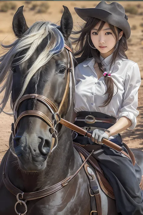 Nsfw, masterpiece, high resolution, face detailed, Japanese beautiful lady, riding horse , western dessert background, outdoors, big pure black horse. Wear white transparent shirt, no bra. Look through breast, No closeup. Hand bring weapon