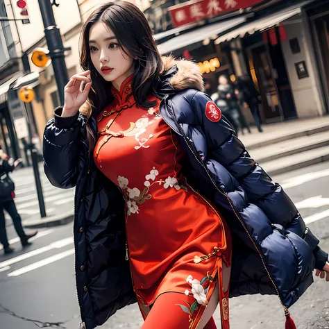 Beautiful Chinese woman, (((silk red qipao))), wearing a( very tight and short) navy blue ((silk)) puffer coat, photorealistic, masterpiece, fluffy fur hood, open coat, sexy, cute, blushing, , large breasts, mandarin collar, soft materials, silk touch
