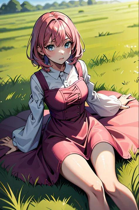 1female，grassy fields，skysky，short method，a pink-haired，dress，obliques，gentle，light blue eyes