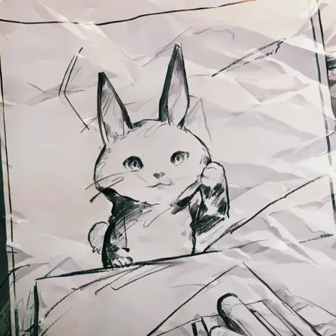Someone is drawing a picture of a cat on a piece of paper, simple drawing, a drawing, Drawn on paper, hand drawn animation, Anthropomorphic rabbit, hand drawn animation, Rabbit, very very low quality picture, rabbt_Character, handdraw, poorly draw, Detaile...