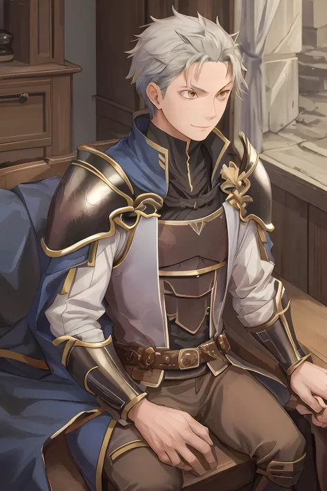 (1 Adult male),A high resolution, Sharp focus, Pixiv masterpiece, ((Complicated details)), highly detailed, natsuki_subaru, 1 man, ssmile,full bodyesbian, greene eyes(eyes glowing), with short white hair,Armour,cloaks,Shoulder armor,perspire,look from dow...