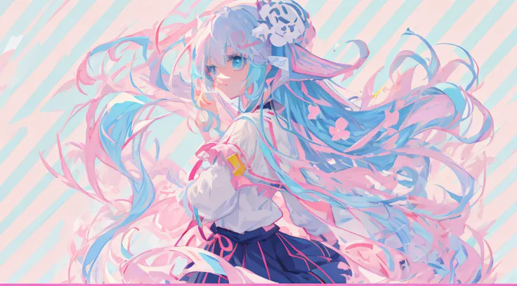 anime girl with long blue hair and blue eyes and pink background, style of anime4 k, anime moe art style, anime girl with teal h...