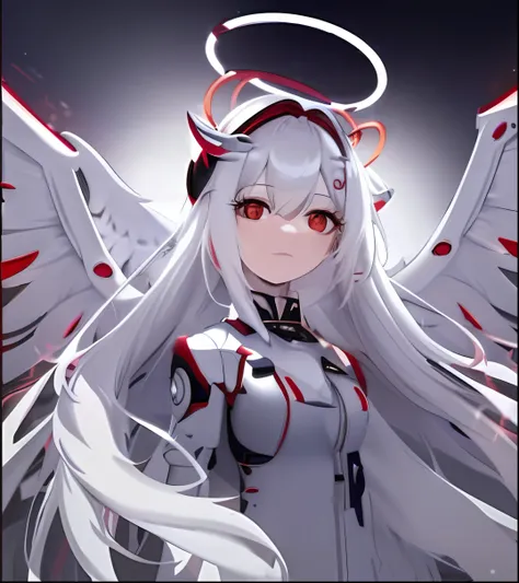 (anime girl angel wings and halo+long  white hair+red and white mechanical wings+mechanical prosthetics)