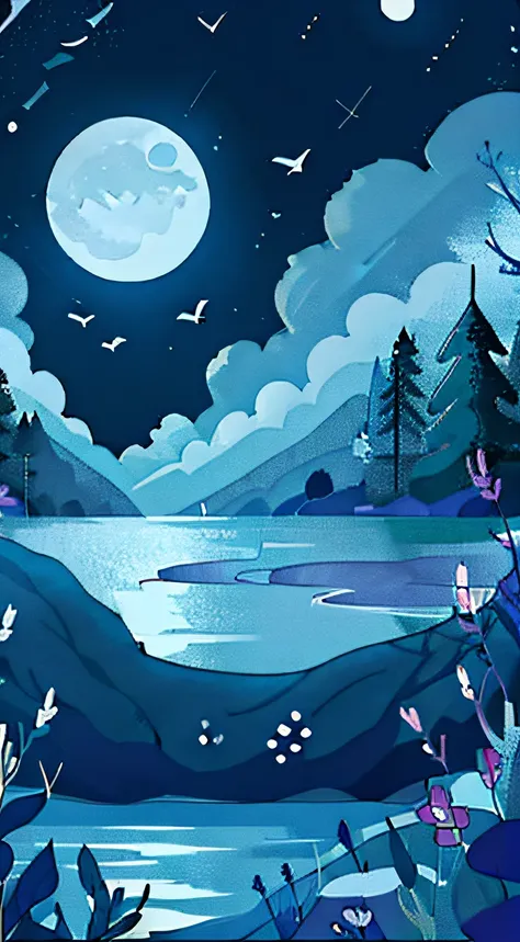 hi can you please make a cutting paper layer that consists of 5 layers minimal, with a visual moonlight and a river where there is a moon and moon reflection on the water, a layer of clouds, and a person who swims in the supine position, look free and imag...