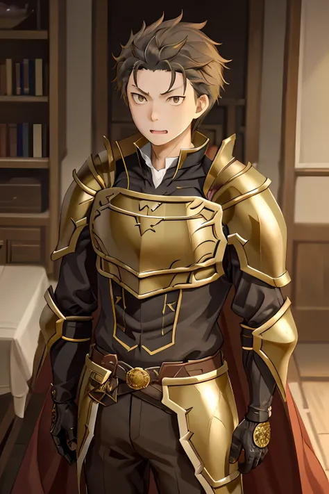 (1 Adult male),A high resolution, Sharp focus, Pixiv masterpiece, ((Complicated details)), highly detailed, natsuki_subaru, 1 man, with her mouth open,drools,full bodyesbian, Gold eyes(eyes glowing), with short golden hair,Armour,cloaks,Shoulder armor,per...