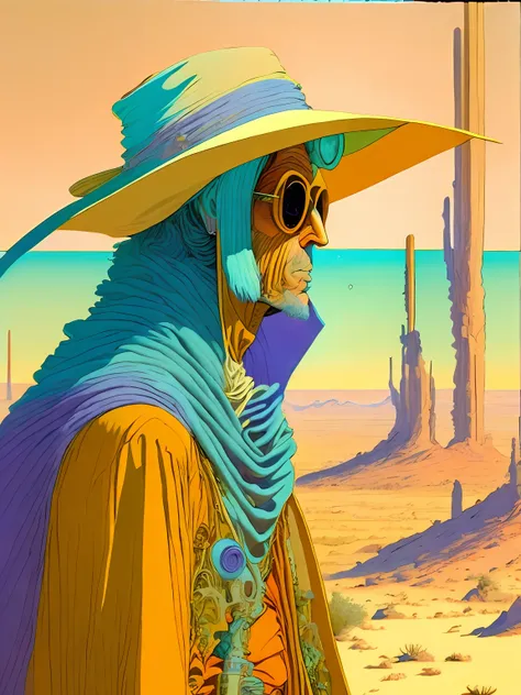 a painting of a man in a hat and cloak looking out over a desert landscape，created by moebius jean giraud，asian man，