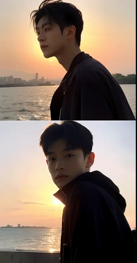 （handsome chinese guy：1.5）boy student，wear short black sleeves，watch the sunset by the sea，the background is blurred out，a sense...