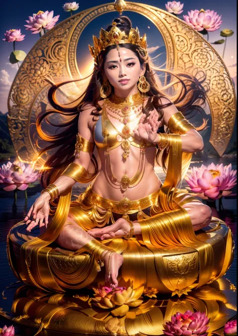The beautiful queen sits cross-legged on a lotus platform,The other foot is on the small lotus,Fingers pinching the stems of the lotus flower,Yellow-green fair skin,rosy lips,perfect body figure,Hair with a golden crown,choker necklace,Gold ornaments,Yingl...