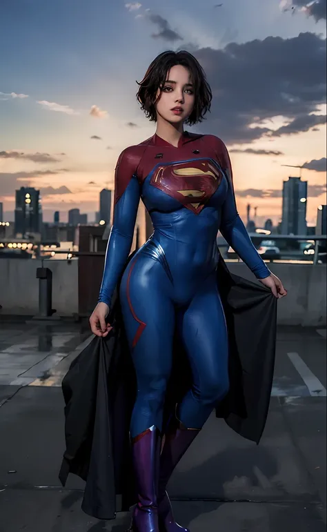 1girl, (twilight), short hair, 
(looking at viewer,( lip biting )), supergirl, cityscape, (flying),blue sky,cloud,parted lips,bl...