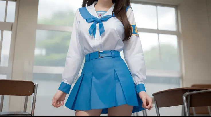 (masterpiece, top quality, best quality, beautiful and aesthetic), 1girl, solo, extremely detailed, highest detailed,8k photo, realistic, haruhi_srf, white long sleeves shirt and blue collar, micro mini skirt,blue skirt, red tie, yellow ribbon, cute girl,...