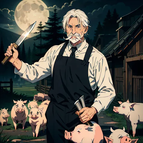 geezer，white mustache，white hair，pig-killing knife in hand（cleaver）the background is a pig farm，more than a dozen pigs behind hi...