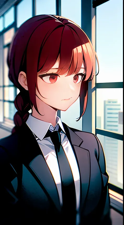 in side, city, sky, windows,  floor, red hair, french braid, sulking, upper body, (looking to the side:1.3), red eyes, white shirt, black necktie, expressionless,