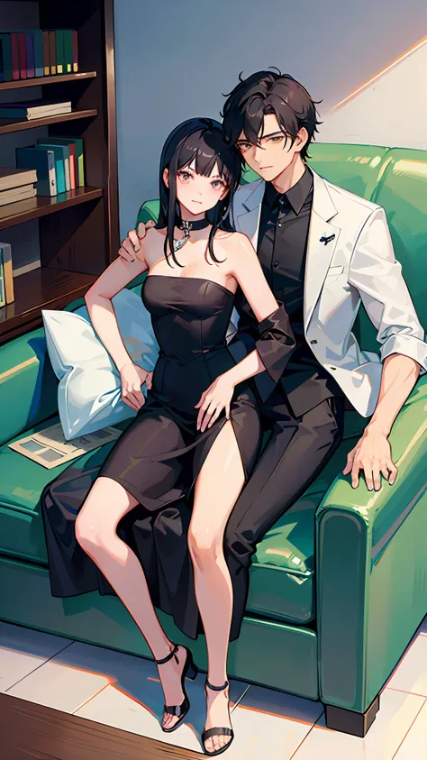 a handsome boy with black hair in a suit and a girl with long black hair in her arms holding a bandeau dress lie on the sofa