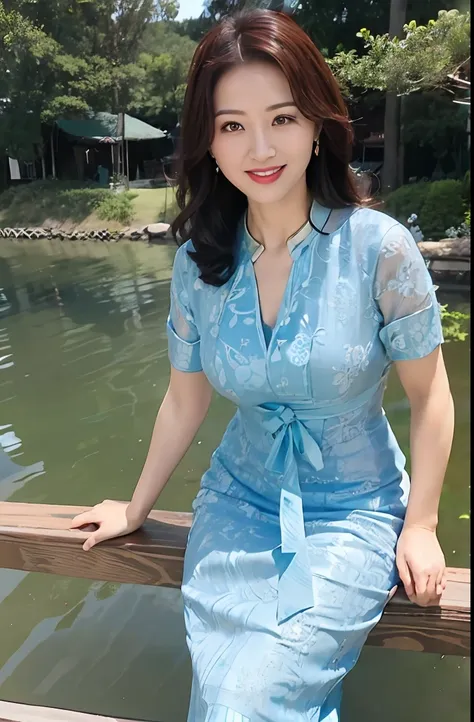 woman sitting on a wooden bench near the body of water, wearing a blue qipao dress, in a blue qipao, beautiful korean women, gor...