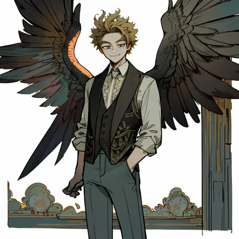 1((masterpiece,best quality,highest quality,illustration,intricate details)),1boy,solo,male focus,hawks,smile,wings,standing,pan...