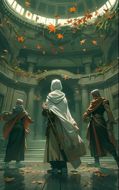 Computer-generated image, realistic fentezi, A huge room, Inside the room in the foreground is a throne, 独奏, Woman in a cloak on a throne, Hands raised up, Two stones in the air, In the foreground is a sword, stuck in the floor, Ao fundo, A man is standing...