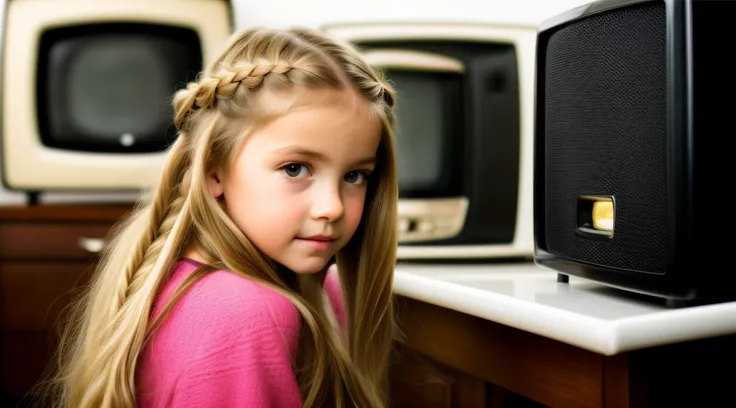 estilo russo, Girl children, retrato , BLONDE long hair braids , RETRO TV.