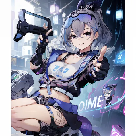 Beautiful woman medium hair、hated、cyberpunked、a short bob、a blond、White Summer Knitted Cap、 odd eye、blue right eye、Green left eye、Blue Leather Vest、Long white T-shirt、White Cargo Pants、Black Engineer Boots、head phone、Carried a sword on his back Japan、Spri...