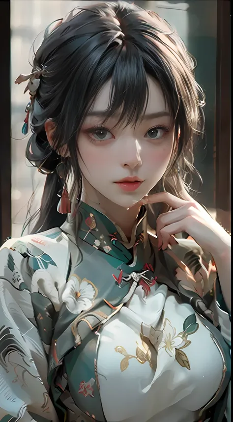 ((Best Quality)), ((Masterpiece)), (Details: 1.4), 3D, A Beautiful Female Figure, HDR (High Dynamic Range), Ancient Chinese Costumes, Satin Clothing, Feminine and Sexy, White Cheongsam, Green Hair Accessories, Tassel Earrings, Ray Tracing, NVIDIA RTX, Supe...