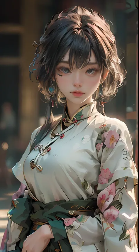 ((Best Quality)), ((Masterpiece)), (Details: 1.4), 3D, A Beautiful Female Figure, HDR (High Dynamic Range), Ancient Chinese Costumes, Satin Clothing, Feminine and Sexy, White Cheongsam, Green Hair Accessories, Tassel Earrings, Ray Tracing, NVIDIA RTX, Supe...