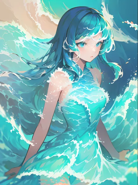 1girl,solo,light_blue_hair,sky_print, liquid hair, long hair,floating hair, full body, standing,sundress, liquid clothes, water,waves, tsunami,tide,sea,water dress, beautiful detailed eyes, {{{masterpiece}}}, {{{best quality}}}, {{ultra-detailed}}, {illust...