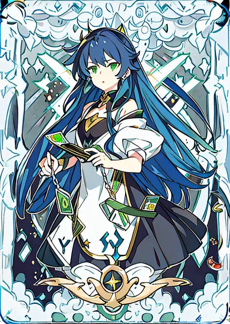 Blue long hair,Blue long hair,Blue long hair,The sides of the hair are tied with black ceremonies,Green eyes,Looks frustrating,Bigchest,Long white dress,verde claro,Black tones,The little crescent floats around you,Forward walking posture,Look at the eyes ...