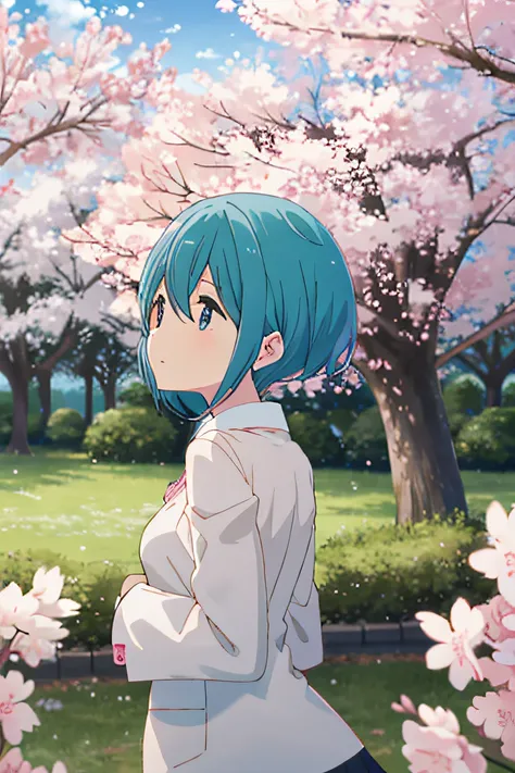 pink back ground，big breasts hatsune miku，jk，having fun，sakura trees at background