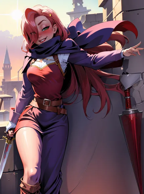 (JessicaWaifu:1),1girl, cute, cloak, thief, scarf, cape, rpg, medieval fantasy, pants, vest, walking,knife holding,smile, blush