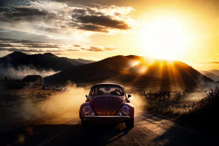 Analog Dark Pictures (Dark red) Volkswagen Beetle cars, ((three quarter view)), (Dark sunset), Drive on dirt roads, (Dilapidated town), 1969, ((Horror movie)), Slasher Film, Texas Chainsaw Massacre, Amish cult, Film grain, Retro, high detailing, Sharp Focu...